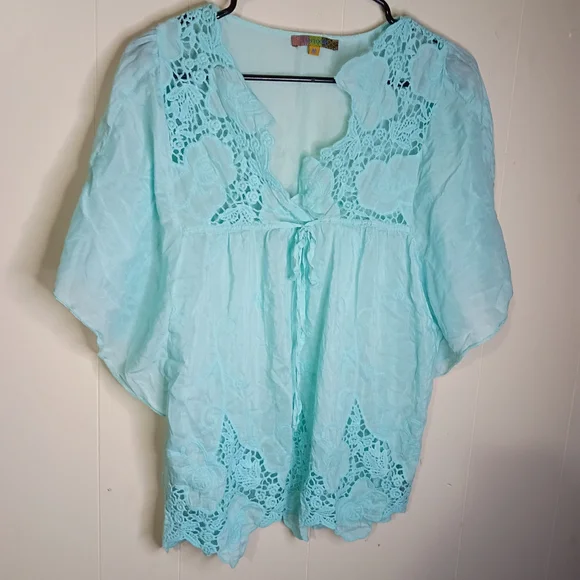 Aqua Crochet-Trim Women's Peasant Tunic - Lightweight Summer Top - Picture 1 of 4